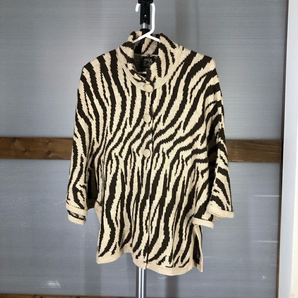 Artesanias Inca JR‎ Alpaca Wool Zebra Print Poncho Cardigan Brown Cream Peru